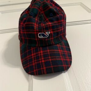 Vineyard Vines Red and Green Plaid Wool Hat with Whale Logo